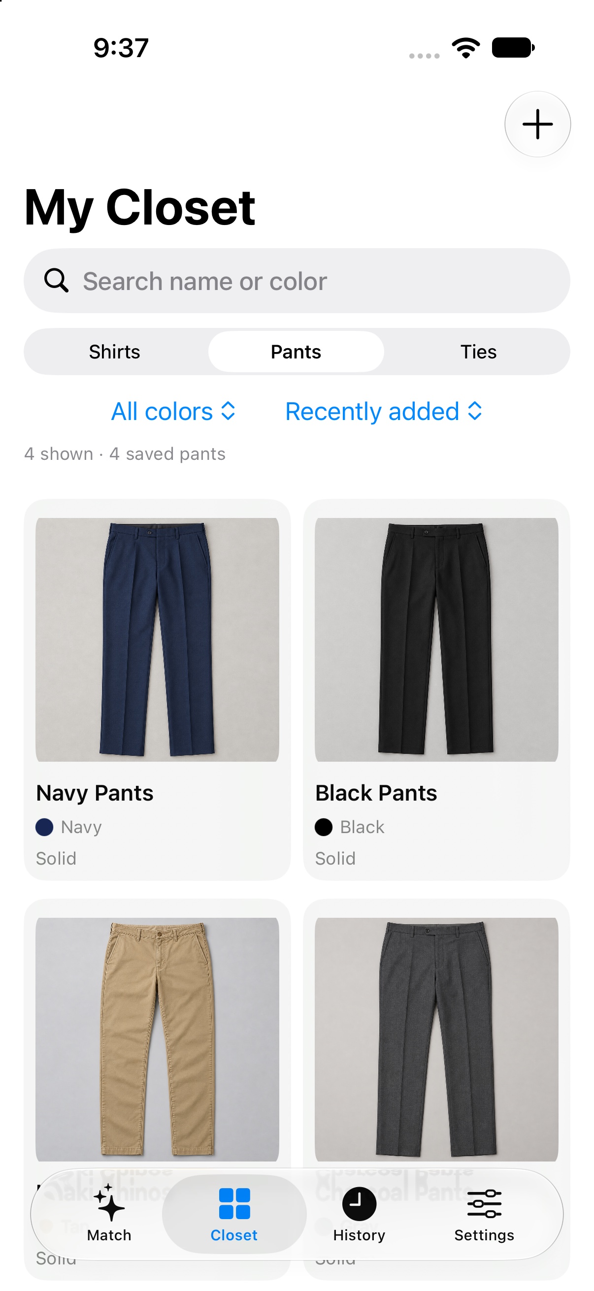 My Closet showing navy, black, khaki, and charcoal pants