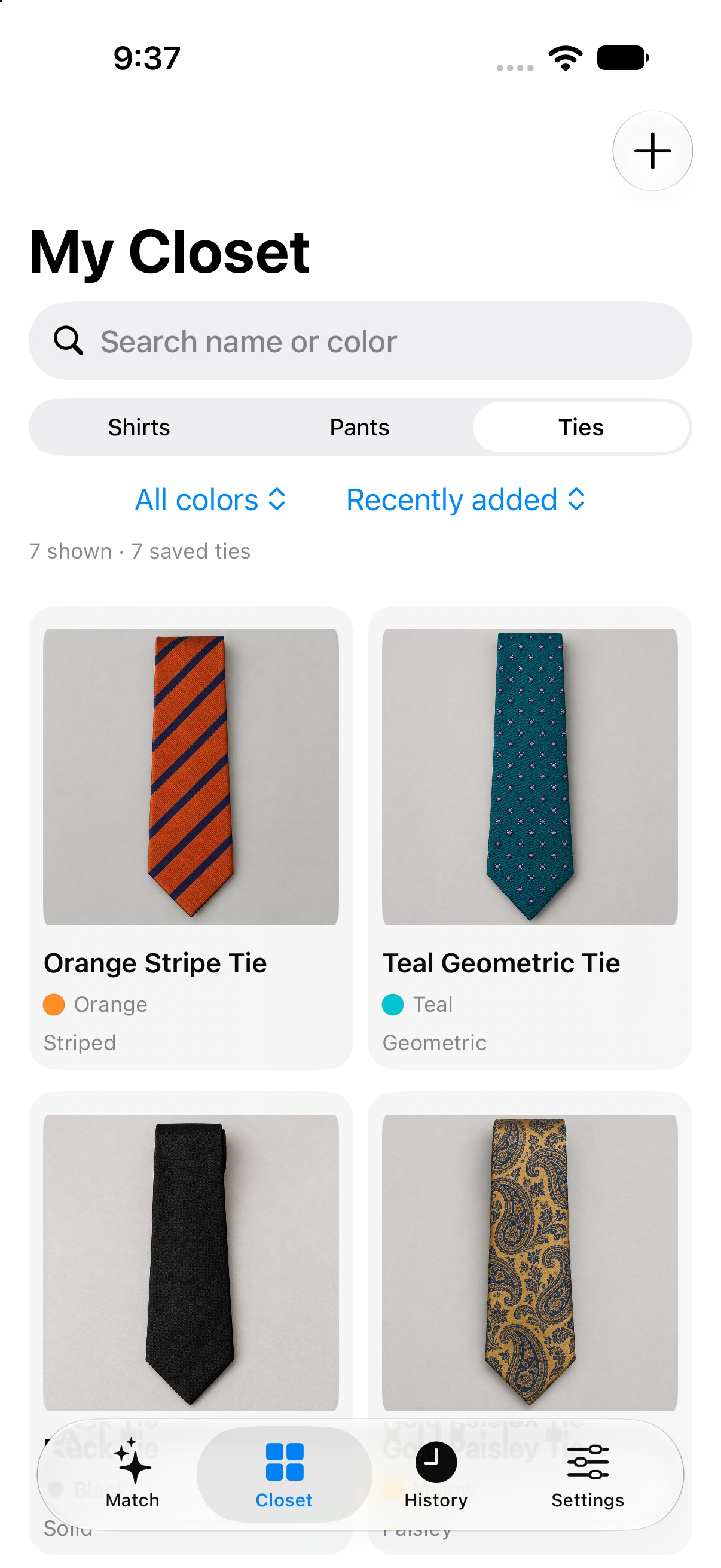 My Closet showing saved ties