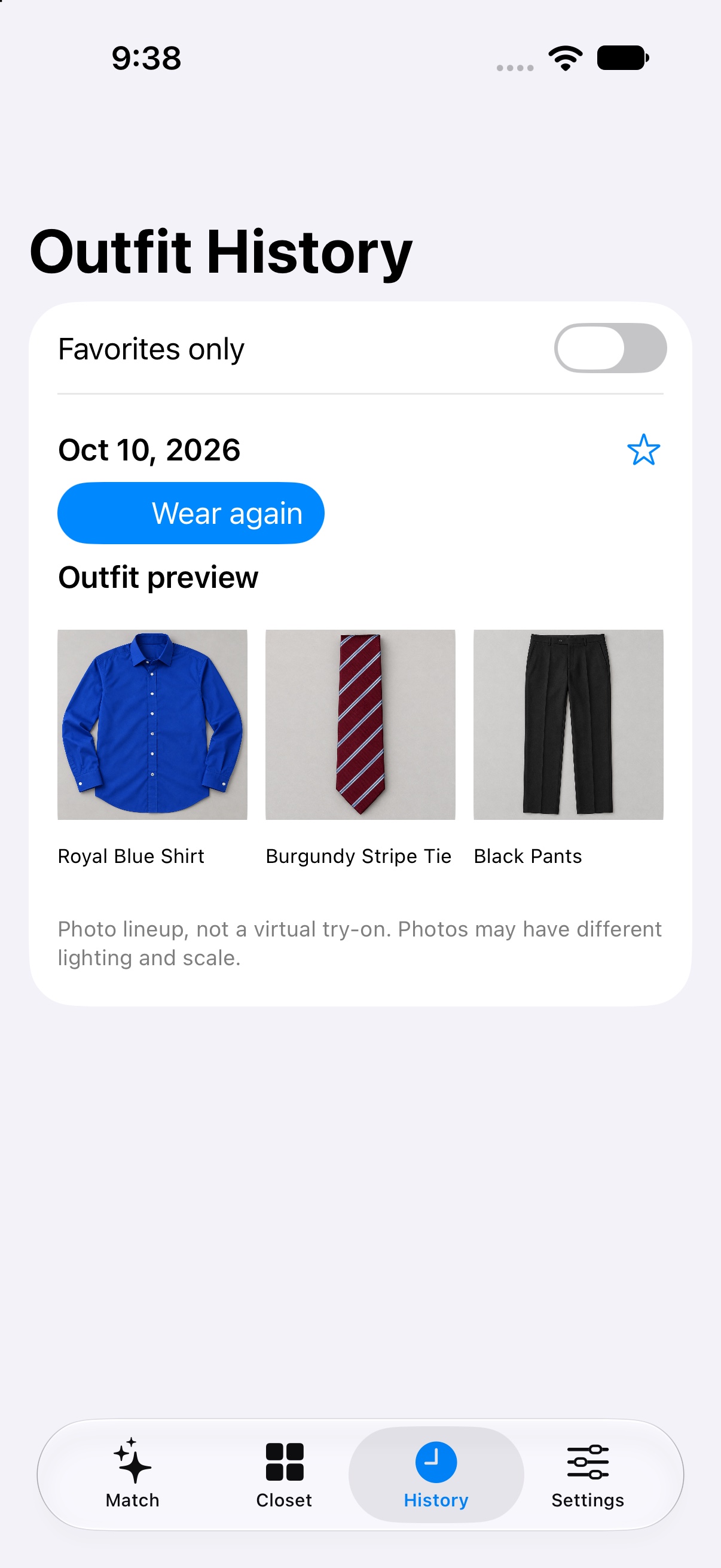 Outfit History with a saved shirt, tie, and pants combination